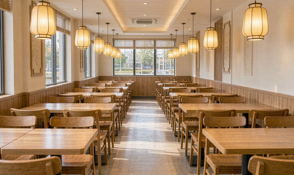 中式快餐店堂食区,木质桌椅整齐排列