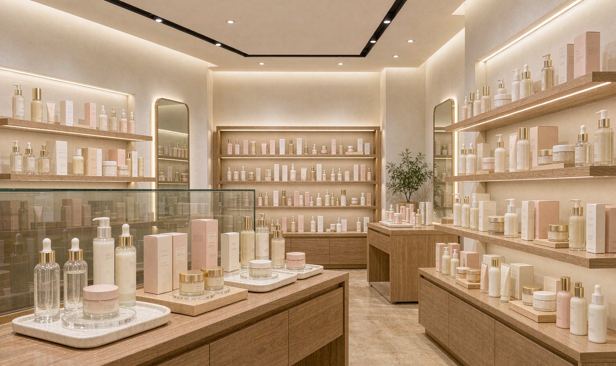 美妆店内部,导购台与货架陈列护肤产品