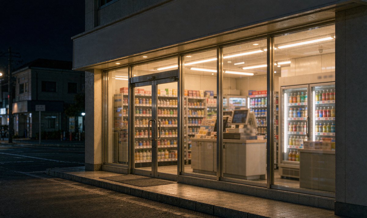 便利店门口外观,夜间温暖灯光