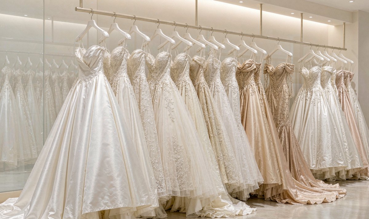 婚纱礼服陈列区悬挂的婚纱