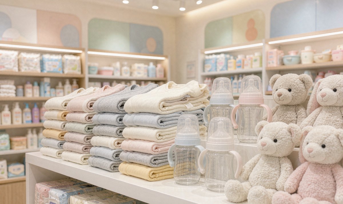 母婴用品店货架上叠放的婴儿连体衣与几只奶瓶特写