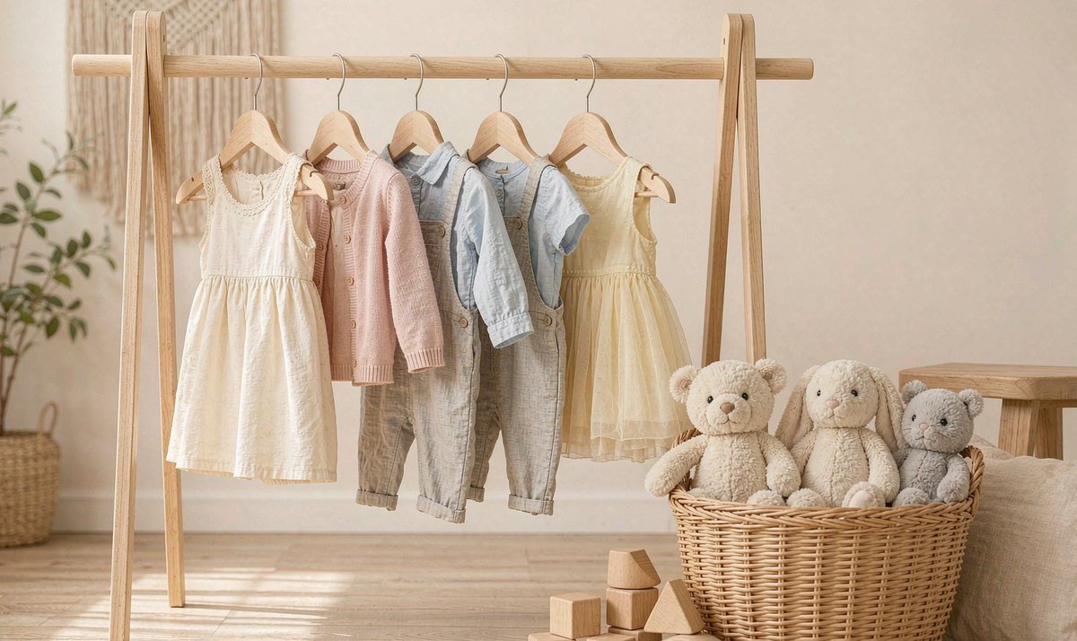 儿童摄影棚服装与道具区的木质衣架、藤篮与毛绒玩具
